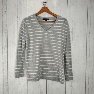 Tommy Hilfiger Gray Cotton Striped V-Neck Pullover Sweater